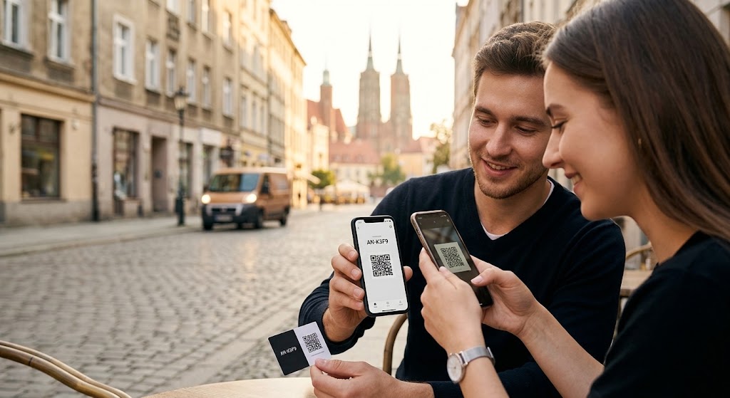 Dwie osoby przy stoliku w mieście: jedna pokazuje na telefonie kod promocyjny AN-K3F9 z kodem QR, druga skanuje go swoim telefonem.