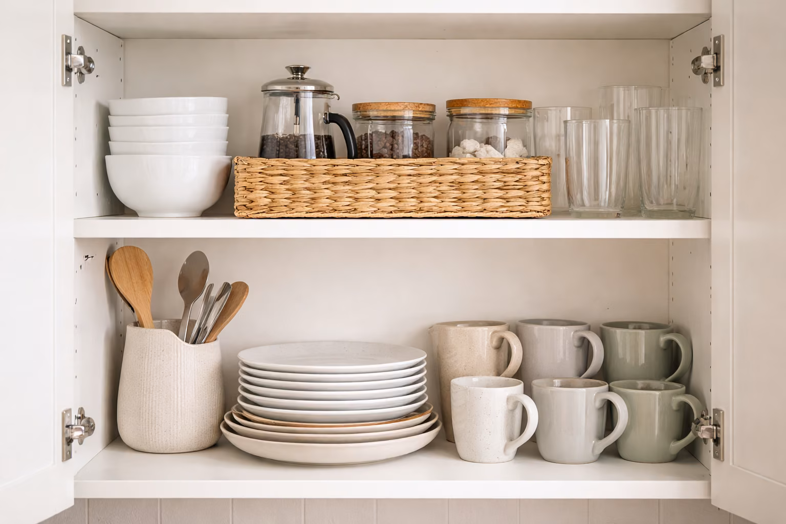 A cupboard with dishes ready to be packed