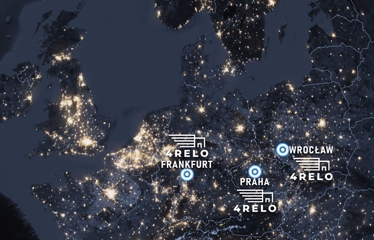 Mapa Evropy se zeměmi, které 4RELO obsluhuje – mezinárodní stěhování z Wrocławi, Frankfurtu a Prahy