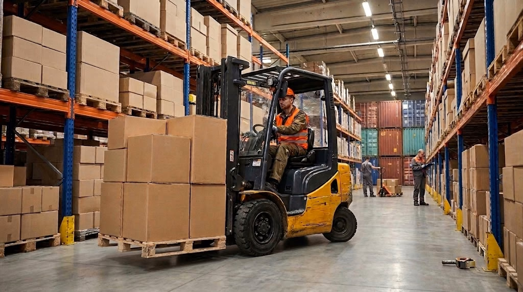 The 4RELO warehouse in Wrocław – a forklift and racks stacked with boxes